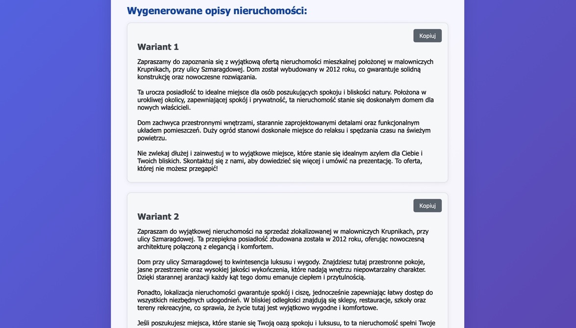 Ekran z trzema wariantami wygenerowanych opisów nieruchomości, każdy w osobnym białym prostokącie z tekstem opisowym, przycisk kopiuj pod każdym opisem, nowoczesny interfejs w kolorach zielono-niebieskich