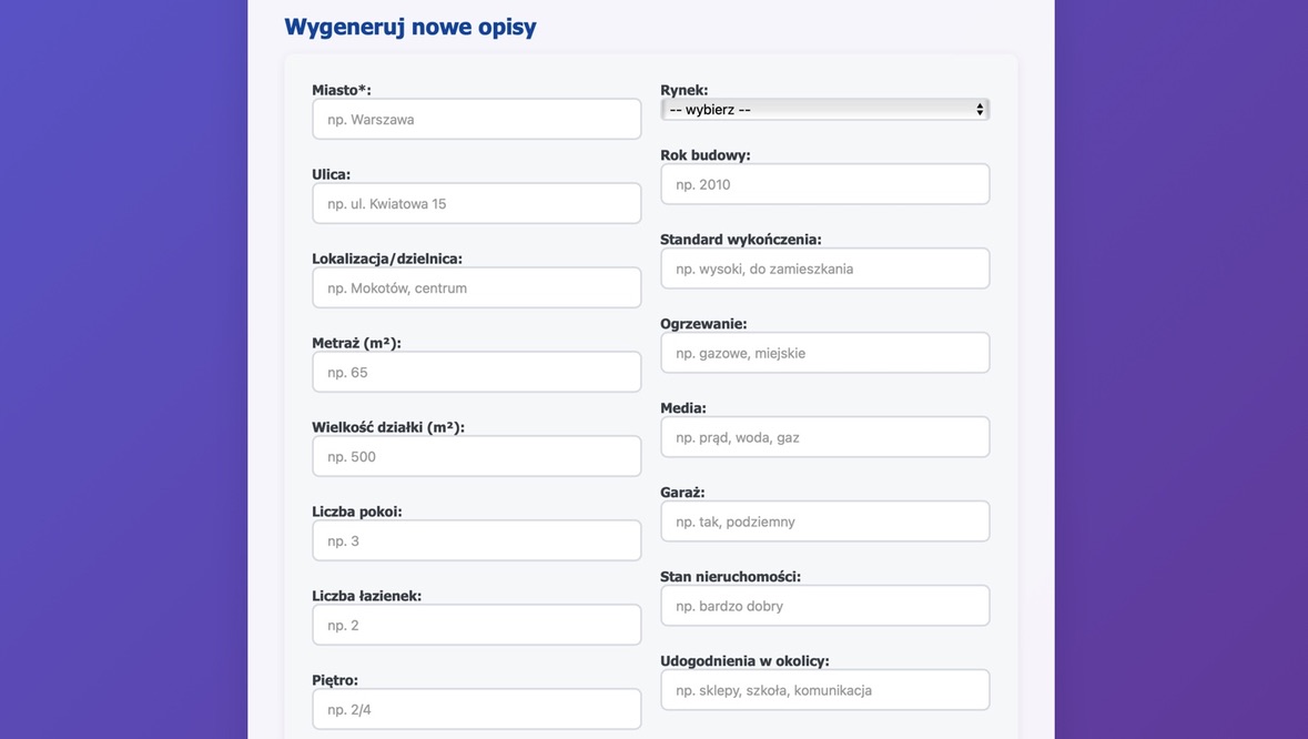 Screenshot interfejsu generatora opisów nieruchomości z formularzem wprowadzania danych o mieszkaniu: pola miasto, ulica, metraż, liczba pokoi, piętro, rok budowy, na jasnym, nowoczesnym tle z kolorami niebiesko-białymi